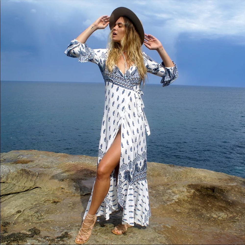 Paisley Gypsy Print Maxi Wrap Dress Long Sleeve - Picture 4 of 6